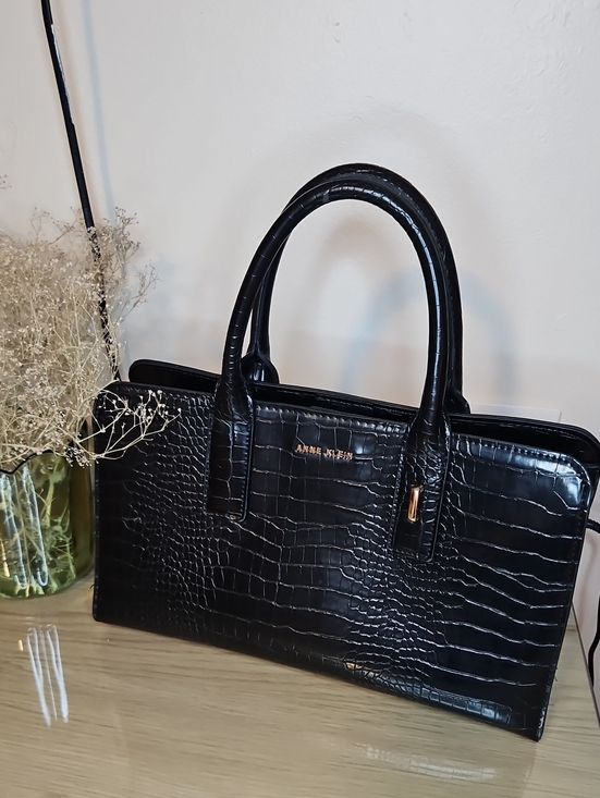 Anne Klein Handbags - Anne Klein Black Croc-Embossed Satchel with Gold Hardware
